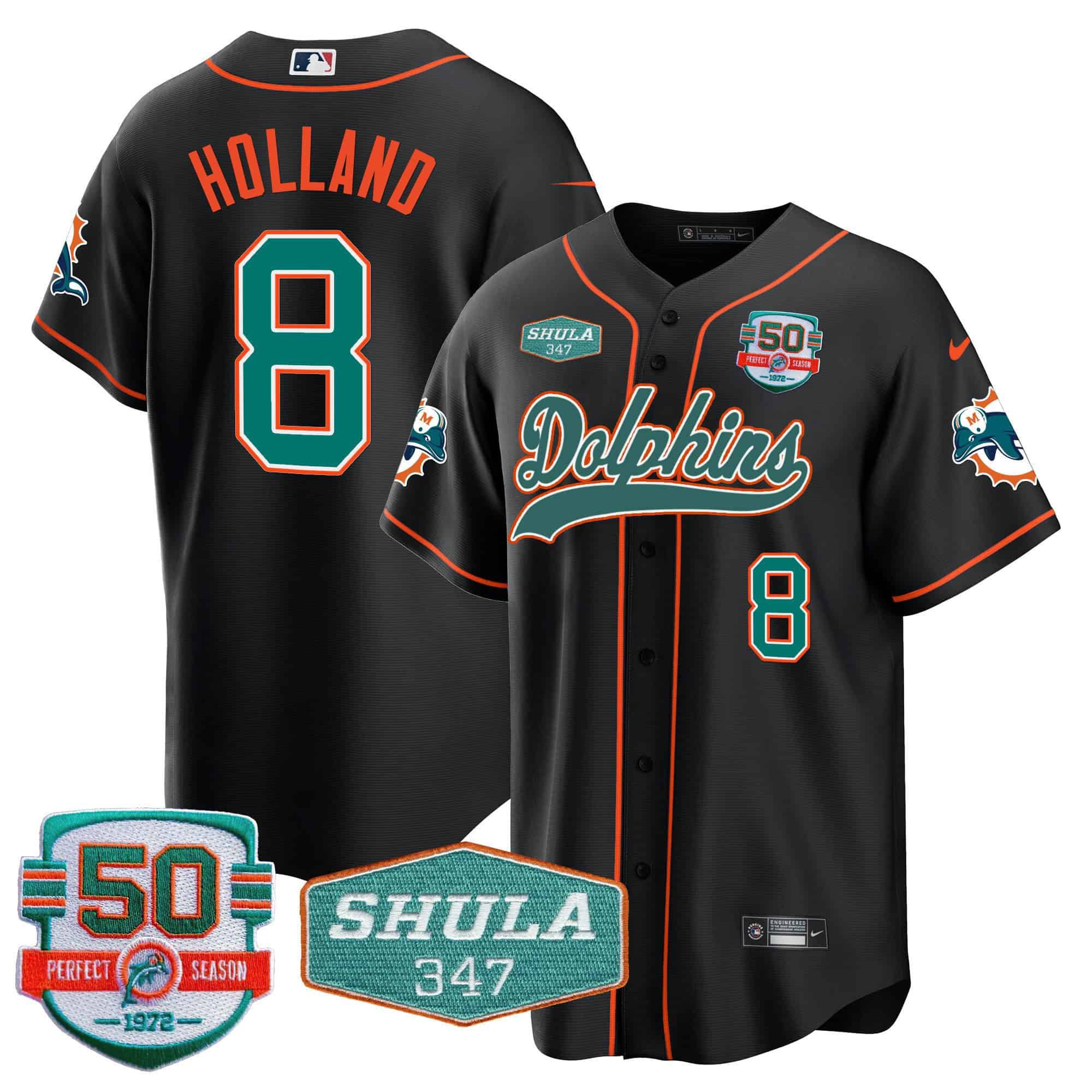 Men Miami Dolphins #8 Holland Black 2024 Nike 50th Don Shula Memorial Patch Baseball NFL Jersey style 1